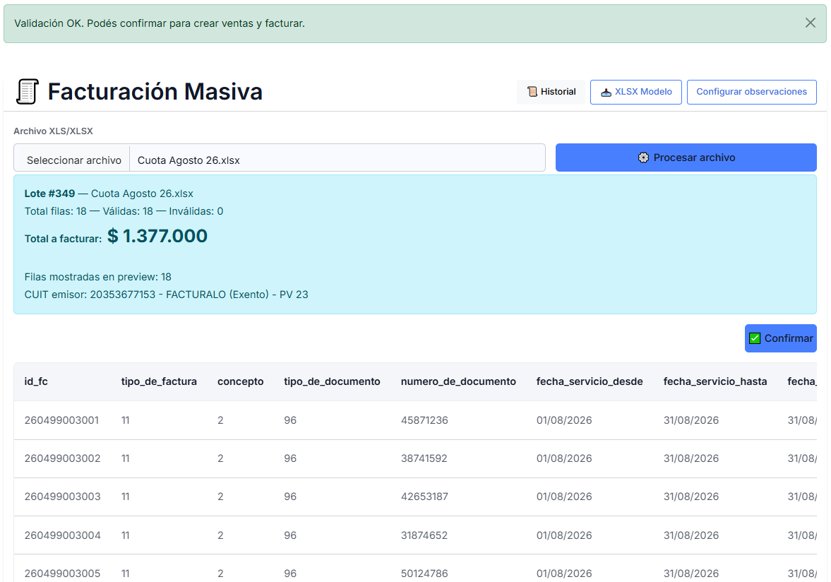 Carga y validación del archivo para iniciar una facturación masiva