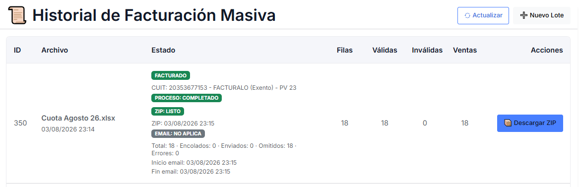 Historial con el estado y resultado de un lote de facturación masiva