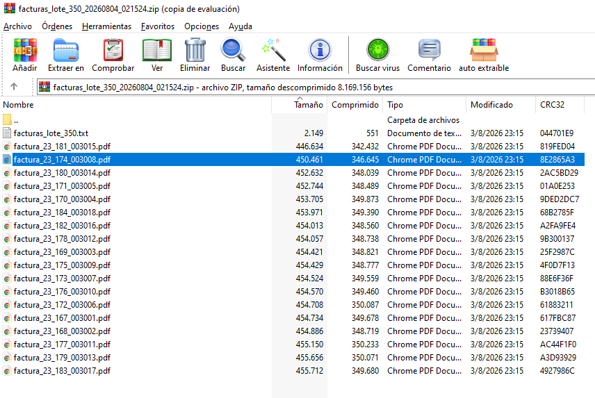 Archivo ZIP descargado con los comprobantes PDF de la facturación masiva